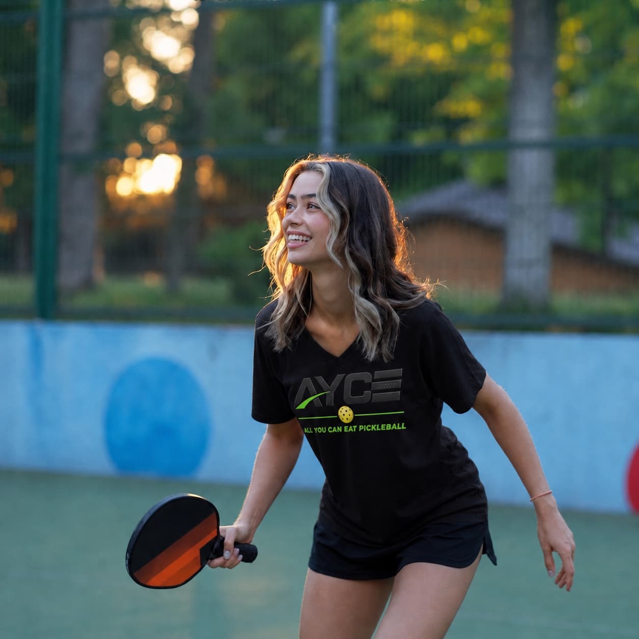 Pickleball player on an outdoor court